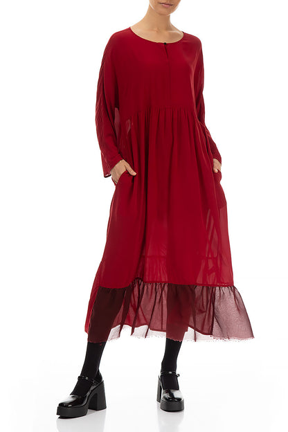 Ruffled Chiffon Hem Red Silk Dress 5