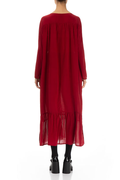Ruffled Chiffon Hem Red Silk Dress 2