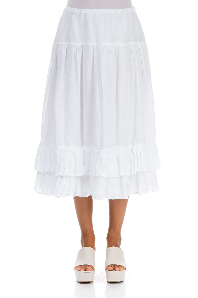 Ruffled Hem White Linen Midi Skirt