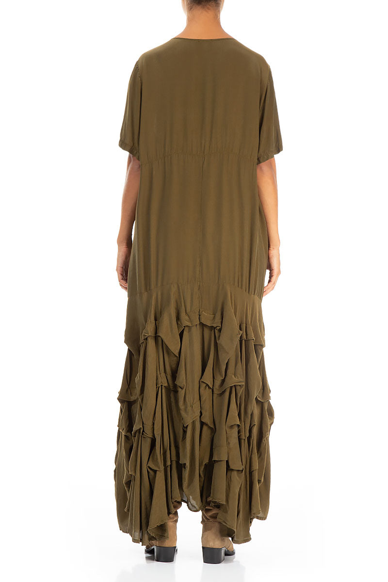 Ruffle Khaki Silk Bamboo Maxi Dress