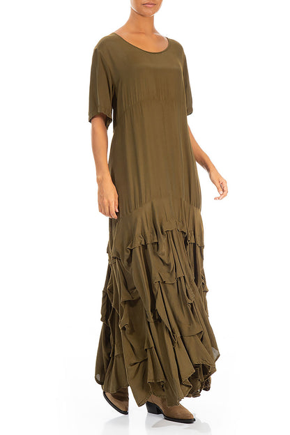 Ruffle Khaki Silk Bamboo Maxi Dress 4