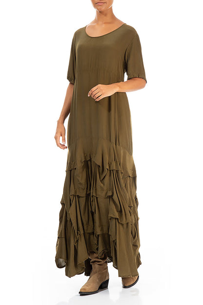 Ruffle Khaki Silk Bamboo Maxi Dress 3