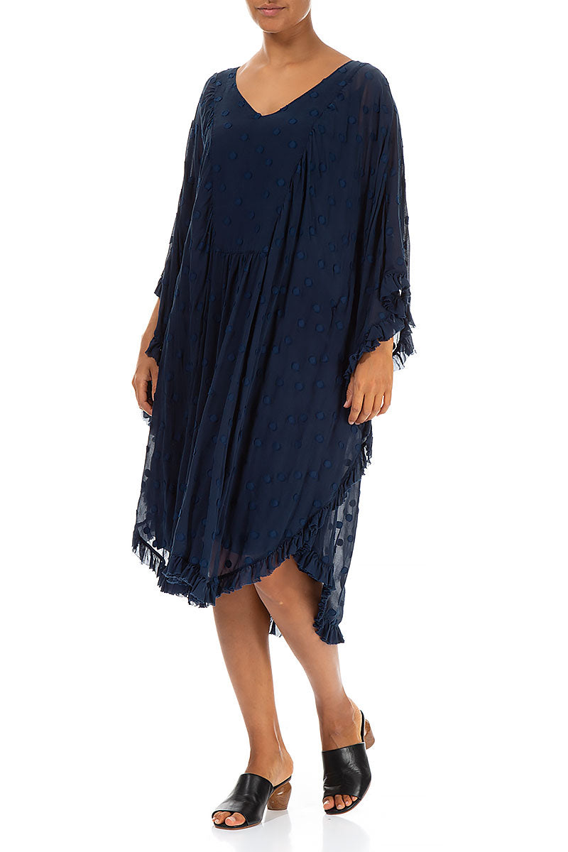 Ruffled Navy Dotty Silk Kaftan Dress