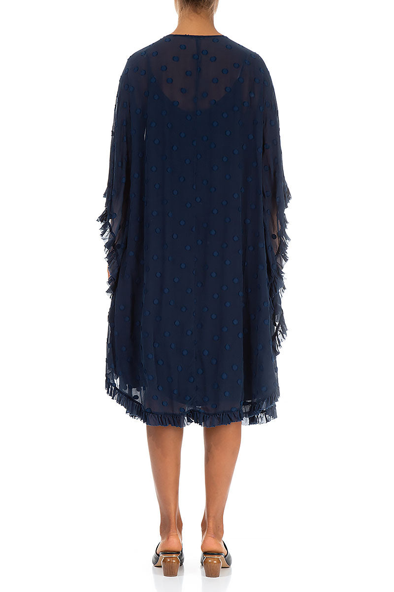 Ruffled Navy Dotty Silk Kaftan Dress