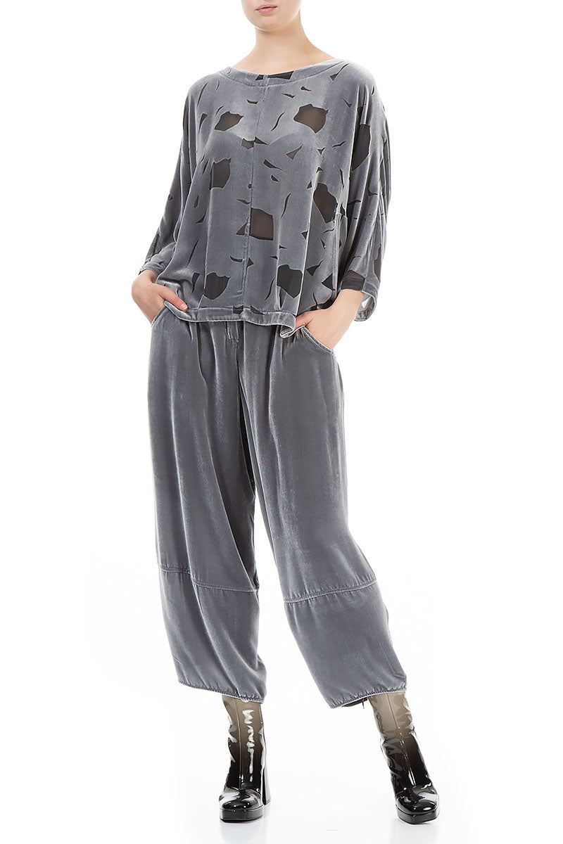 Short Abstract Devoré Silver Silk Velvet Blouse 4