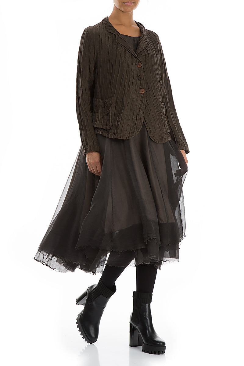 Short Crinkled Chocolate Brown Silk Linen Jacket