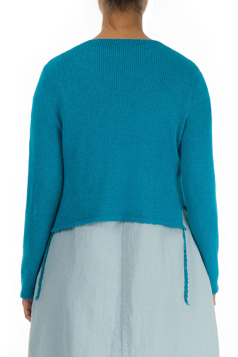 Short Flowers Decorated Turquoise Silk Linen Jumper