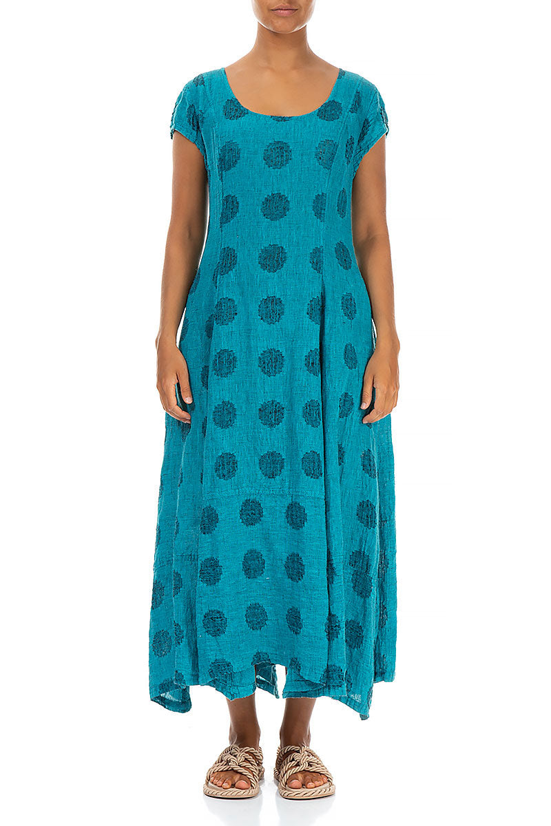Short Sleeves Flared Bright Turquoise Bubble Linen Dress