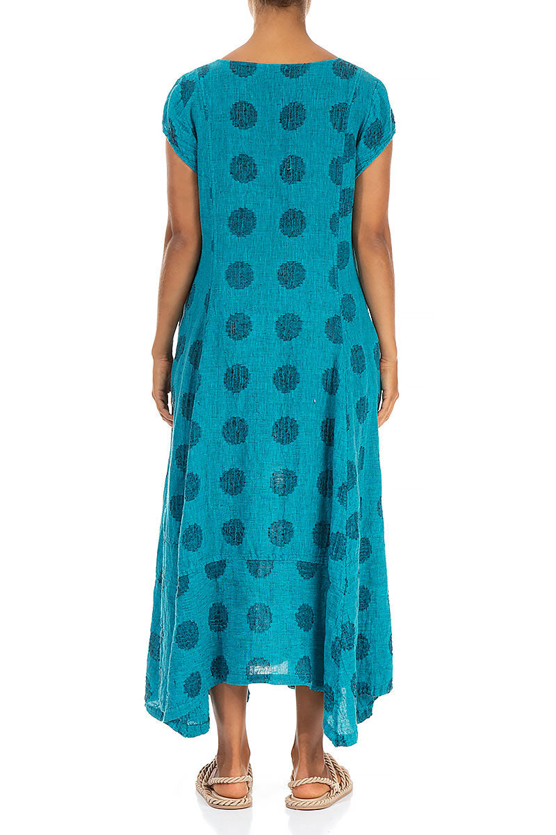Short Sleeves Flared Bright Turquoise Bubble Linen Dress
