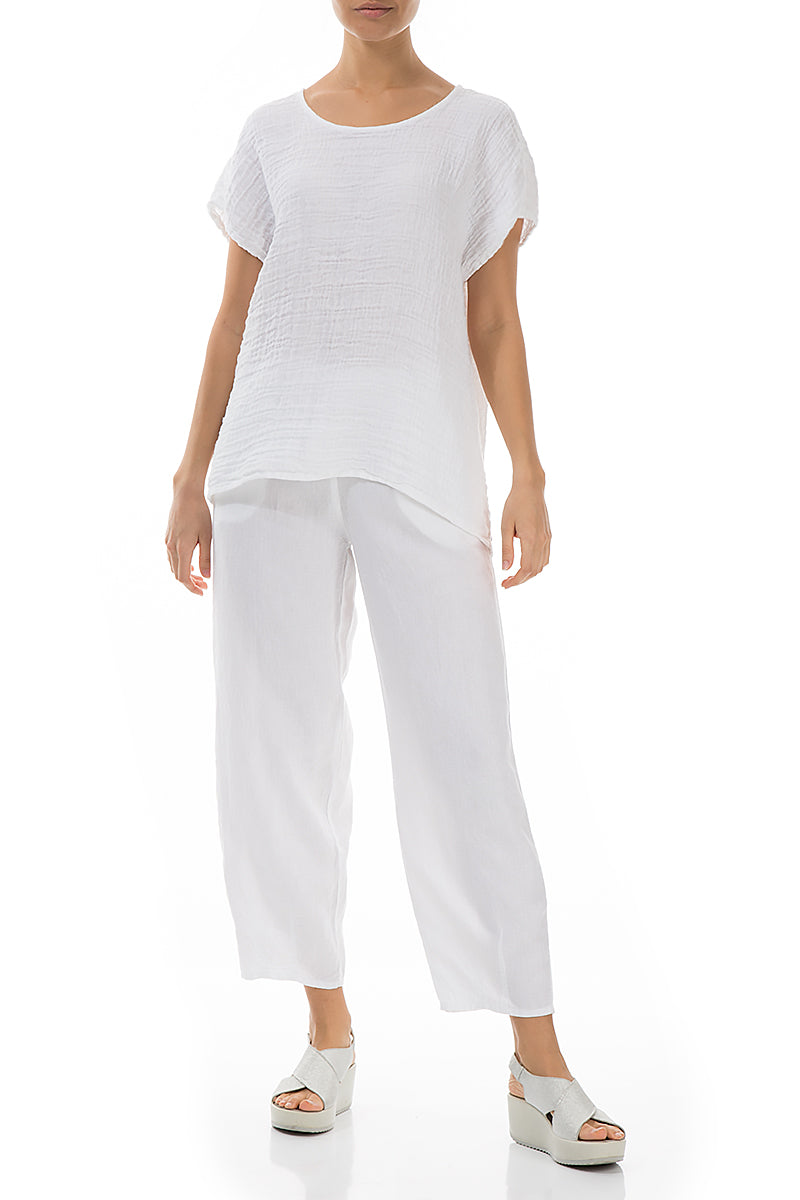Short Sleeves White Linen Blouse 4