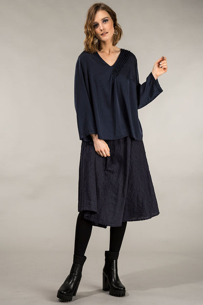 Side Ruffle Navy Purple Silk Blouse 5