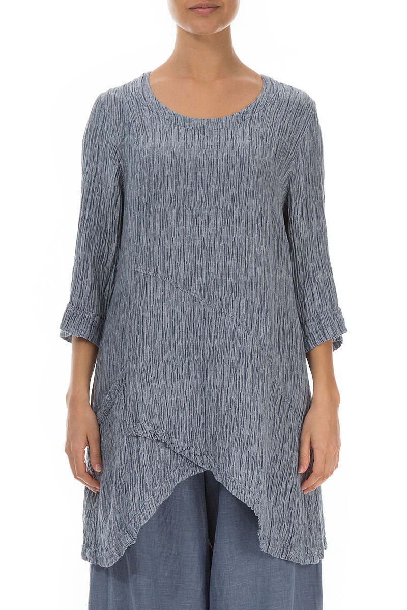 Side Pocket Crinkled Blue Iris Silk Tunic 1
