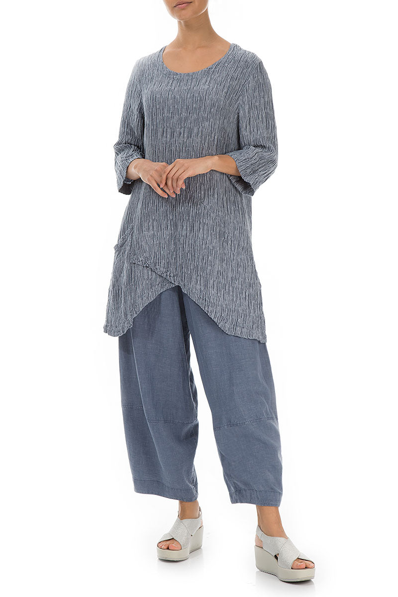 Side Pocket Crinkled Blue Iris Silk Tunic 5