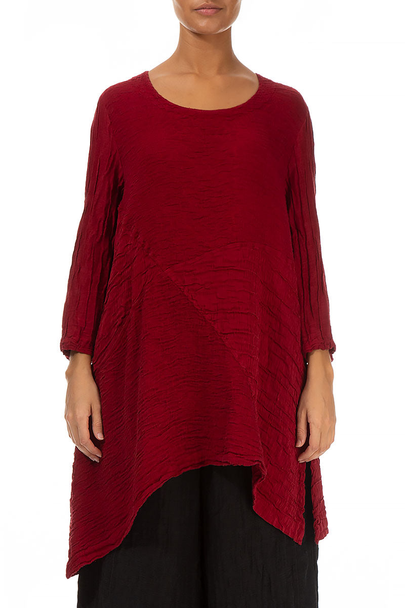 Floral Pattern Crinkled Red Silk Linen Tunic