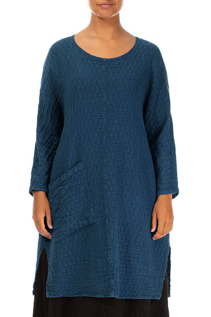 Side Pocket Petrol Blue Textured Linen Tunic