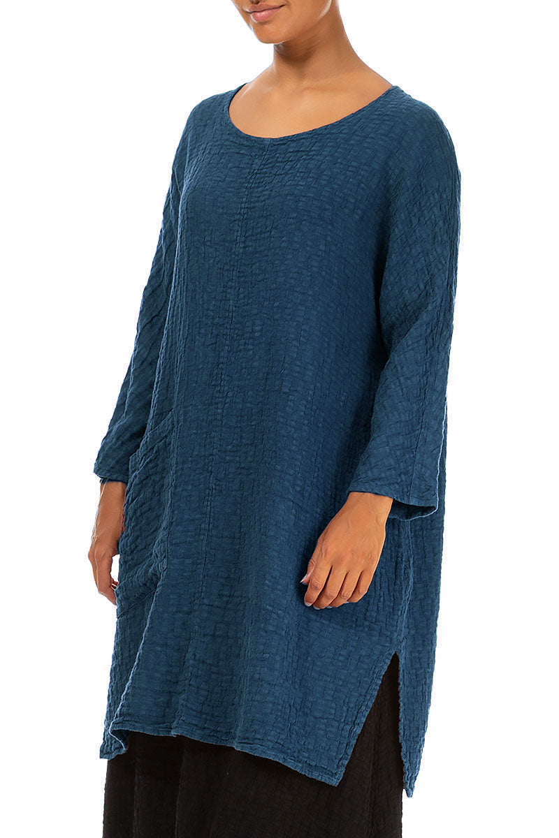 Side Pocket Petrol Blue Textured Linen Tunic