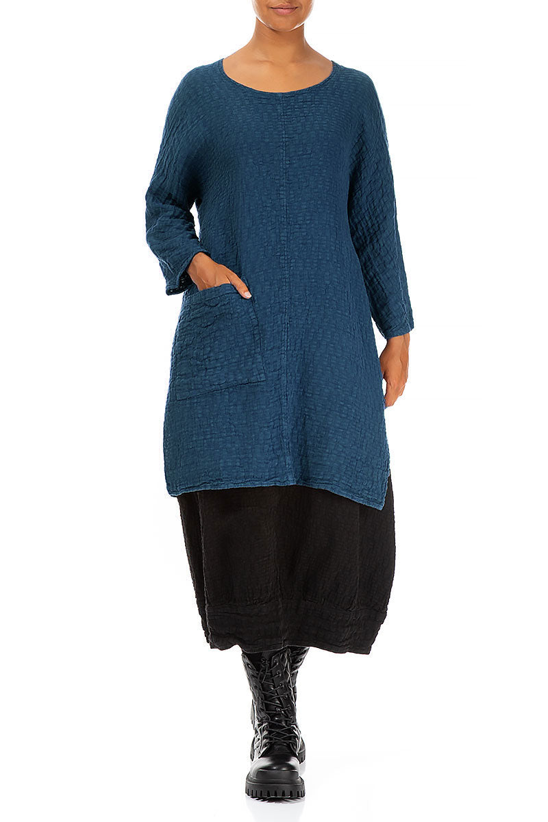 Side Pocket Petrol Blue Textured Linen Tunic