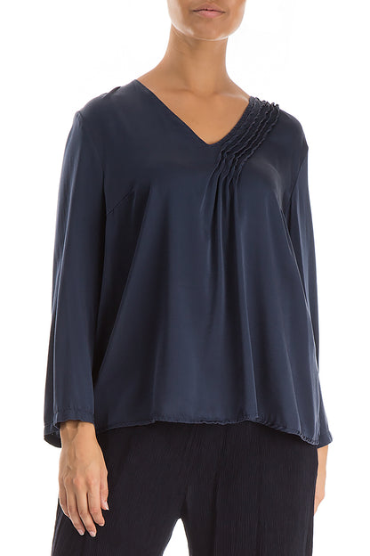Side Ruffle Navy Purple Silk Blouse 3