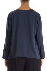 Side Ruffle Navy Purple Silk Blouse 2