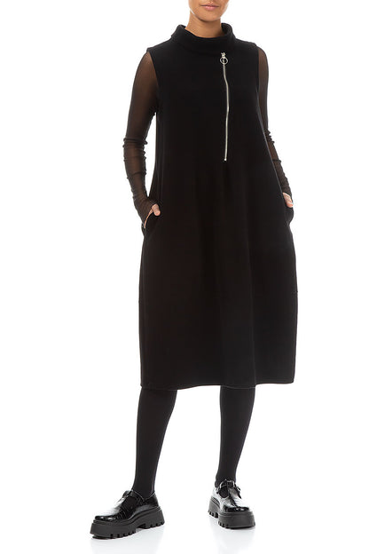 Cowl Neck Side Zipper Black Cotton Jersey Dress