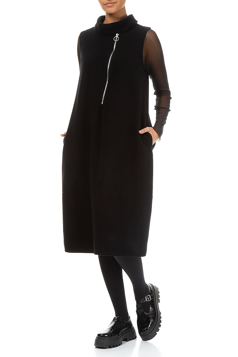 Cowl Neck Side Zipper Black Cotton Jersey Dress