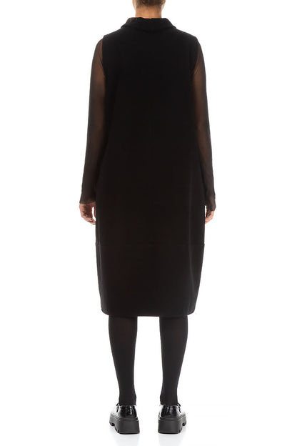 Cowl Neck Side Zipper Black Cotton Jersey Dress