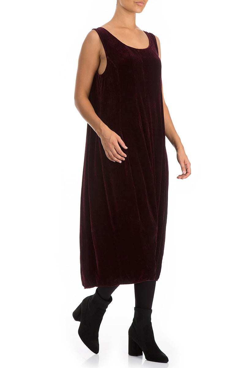 Sleeveless Balloon Dark Red Silk Velvet Dress