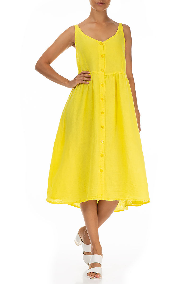 Sleeveless Buttoned Yellow Linen Dress 3