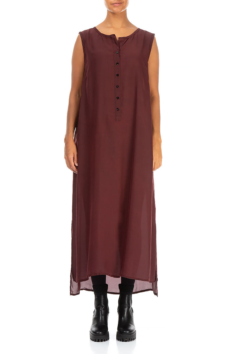 Sleeveless Buttons Bordeaux Silk Dress