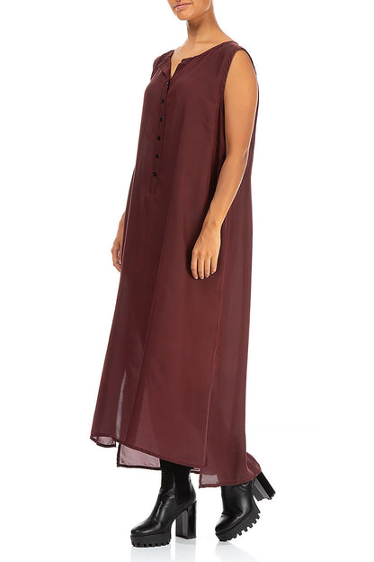 Sleeveless Buttons Bordeaux Silk Dress