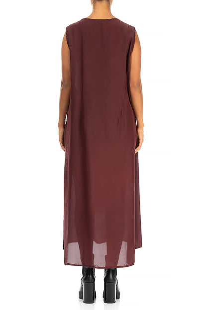 Sleeveless Buttons Bordeaux Silk Dress