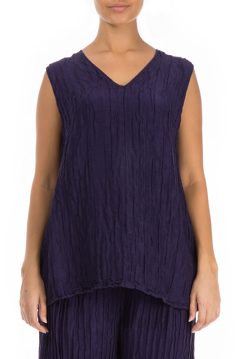 Sleeveless Crinkled Royal Purple Silk Linen Top