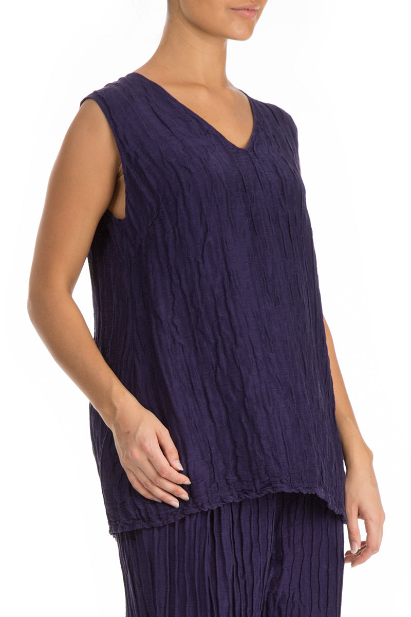 Sleeveless Crinkled Royal Purple Silk Linen Top