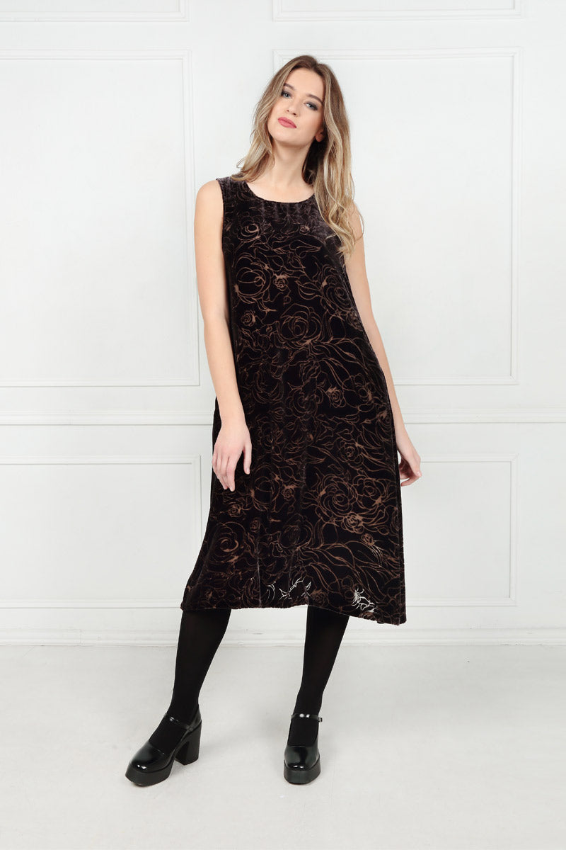 Sleeveless Devoré Roses Brown Silk Velvet Dress