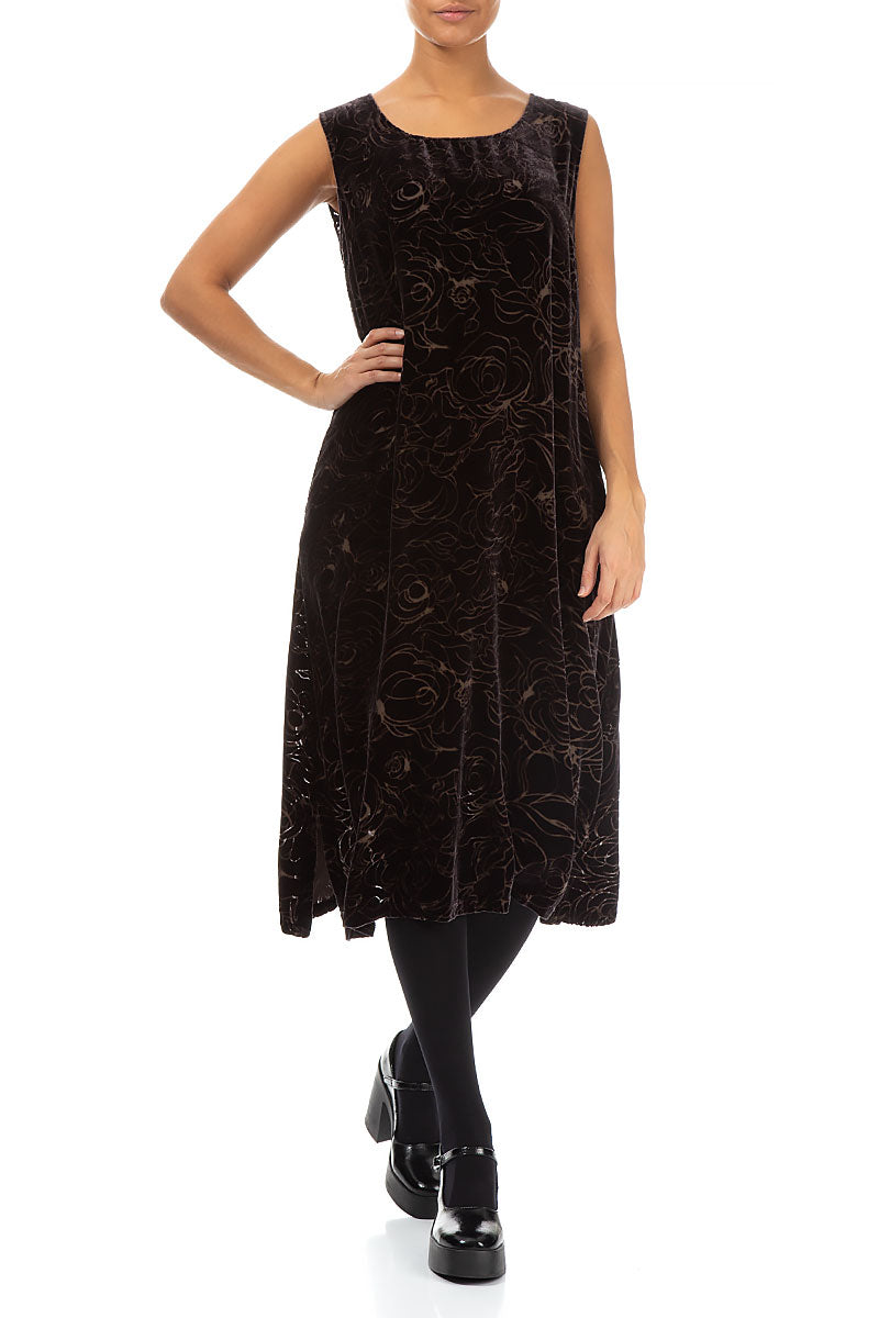 Sleeveless Devoré Roses Brown Silk Velvet Dress