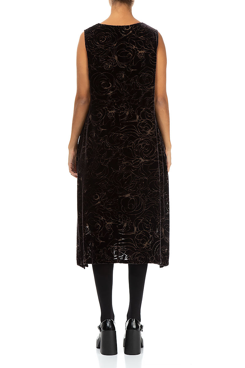 Sleeveless Devoré Roses Brown Silk Velvet Dress