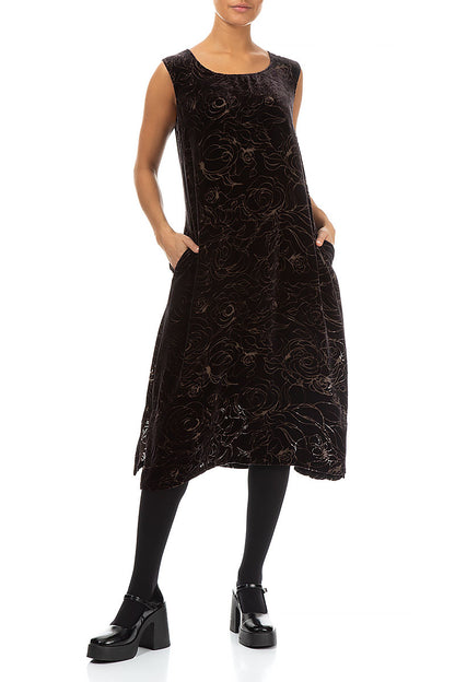 Sleeveless Devoré Roses Brown Silk Velvet Dress