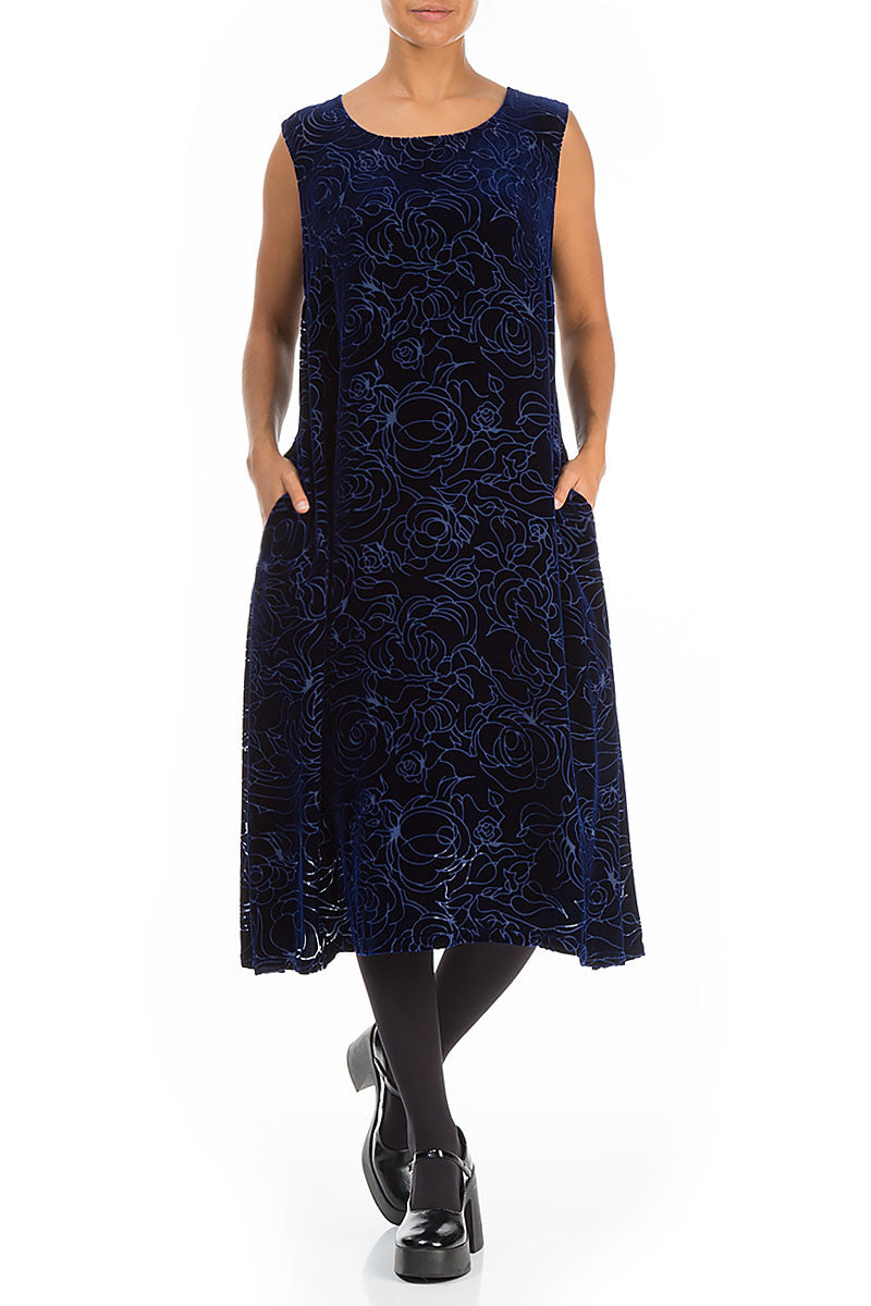 Sleeveless Devoré Roses Sapphire Silk Velvet Dress