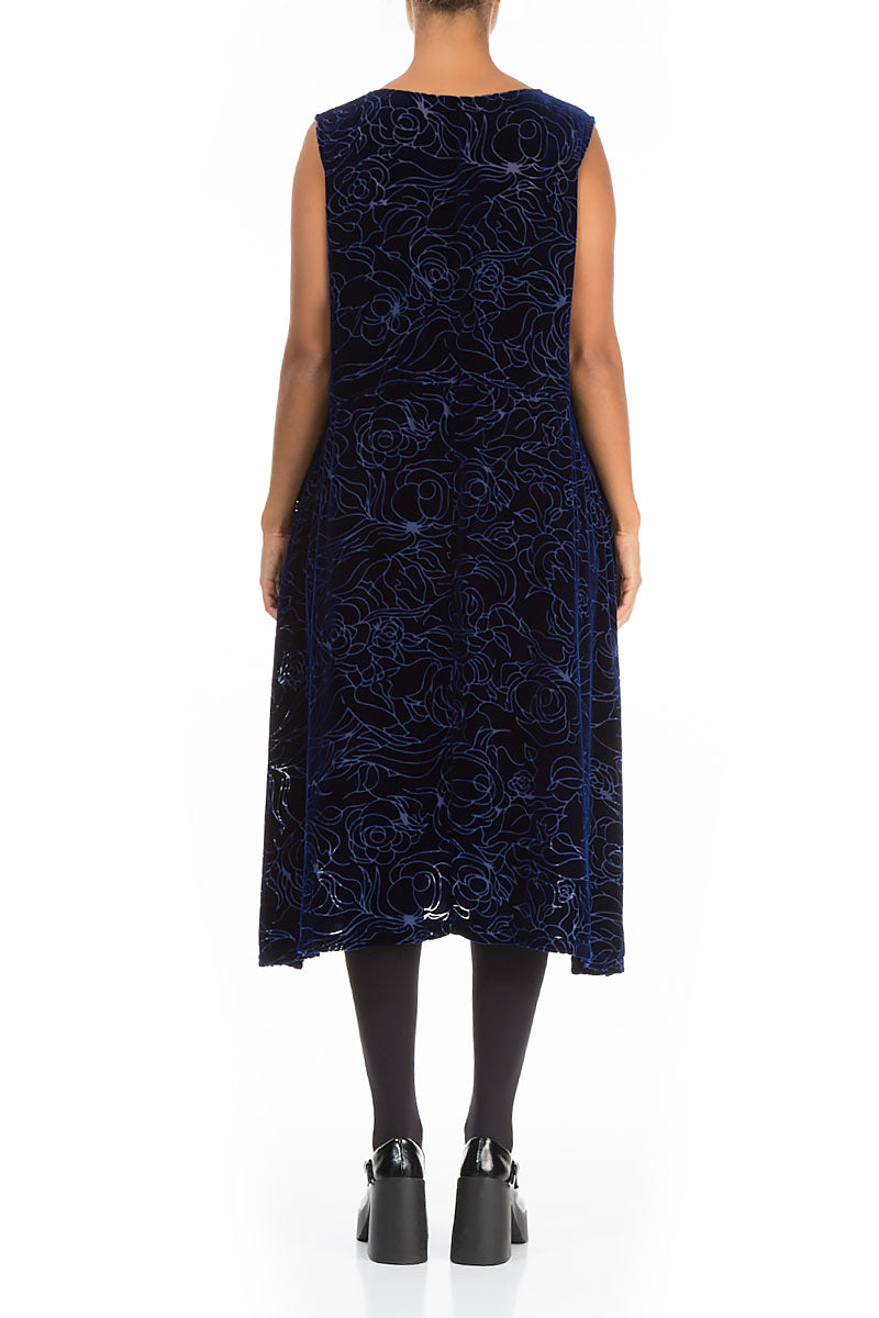 Sleeveless Devoré Roses Sapphire Silk Velvet Dress