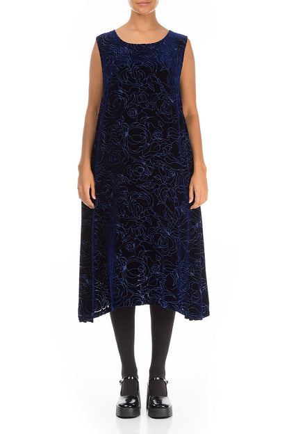 Sleeveless Devoré Roses Sapphire Silk Velvet Dress