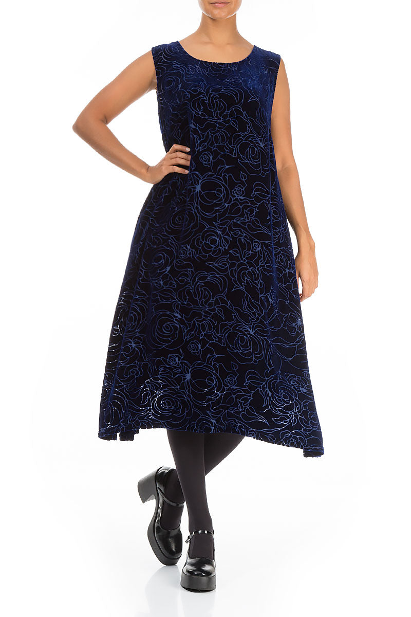 Sleeveless Devoré Roses Sapphire Silk Velvet Dress