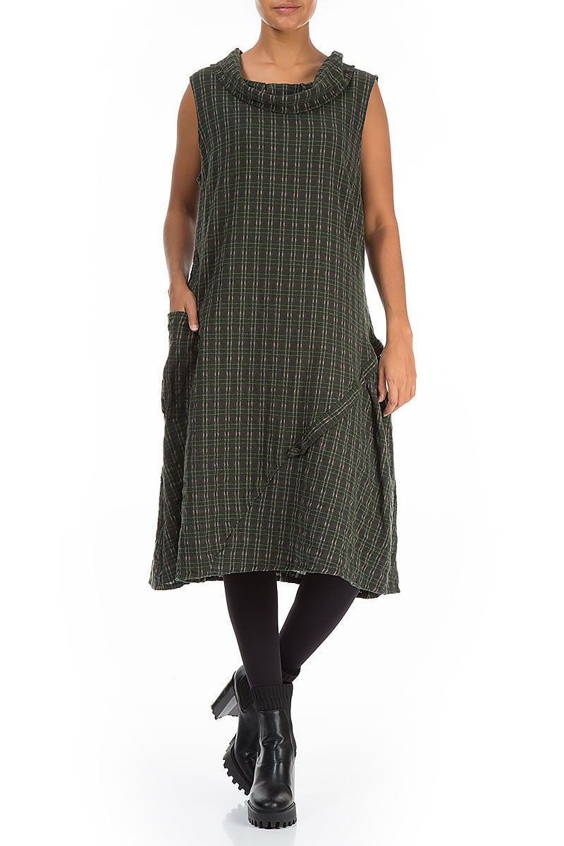 Sleeveless Khaki Plaid Wool Dress 4