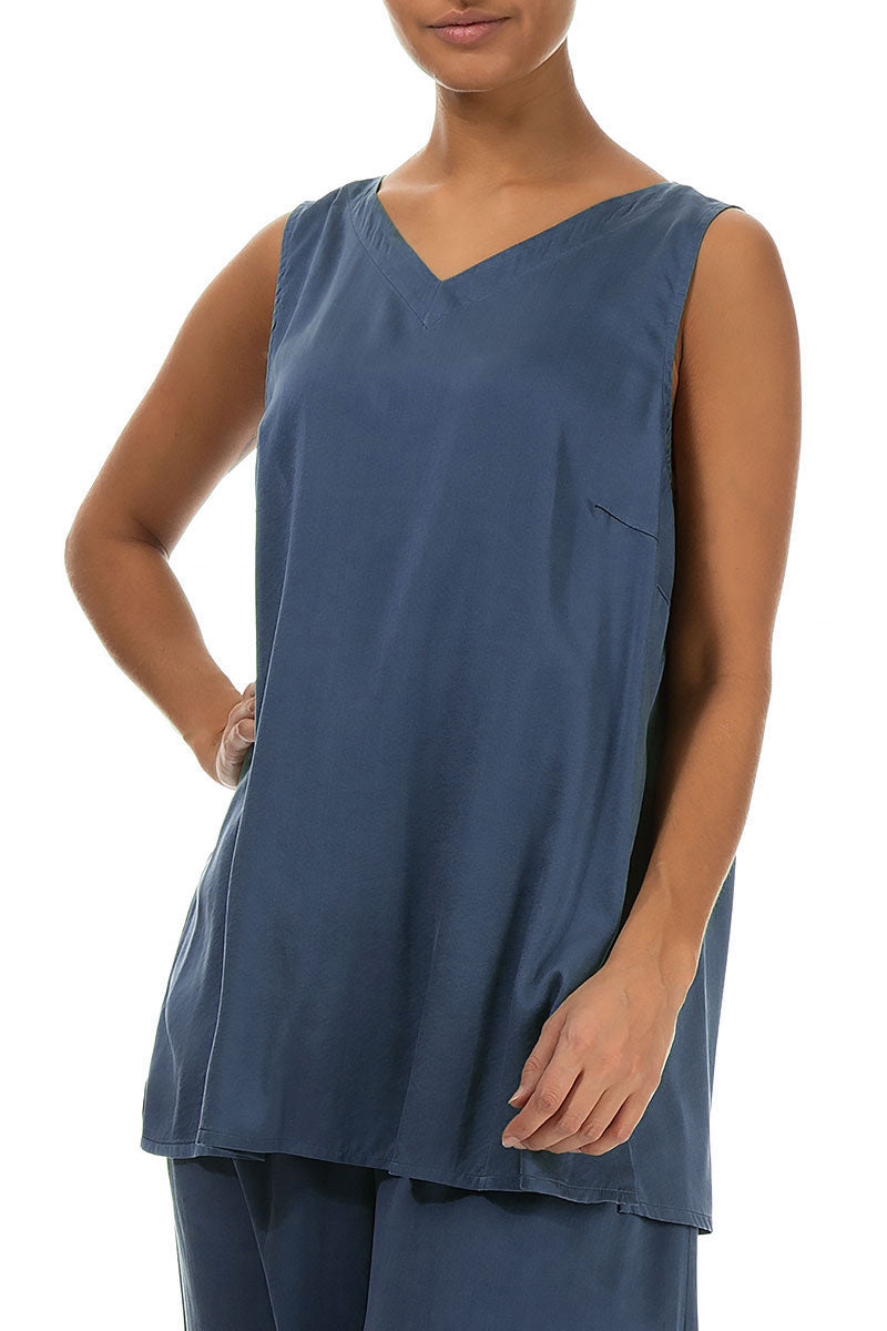 Sleeveless V-Neck Petrol Blue Silk Top 3