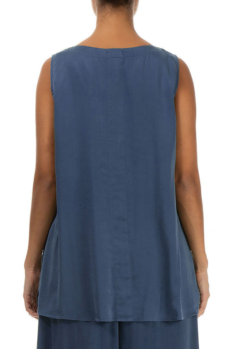 Sleeveless V-Neck Petrol Blue Silk Top 2
