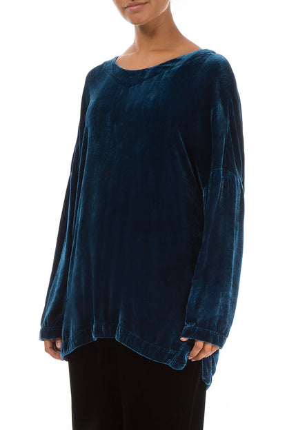 Slit Hem Blue Silk Velvet Tunic