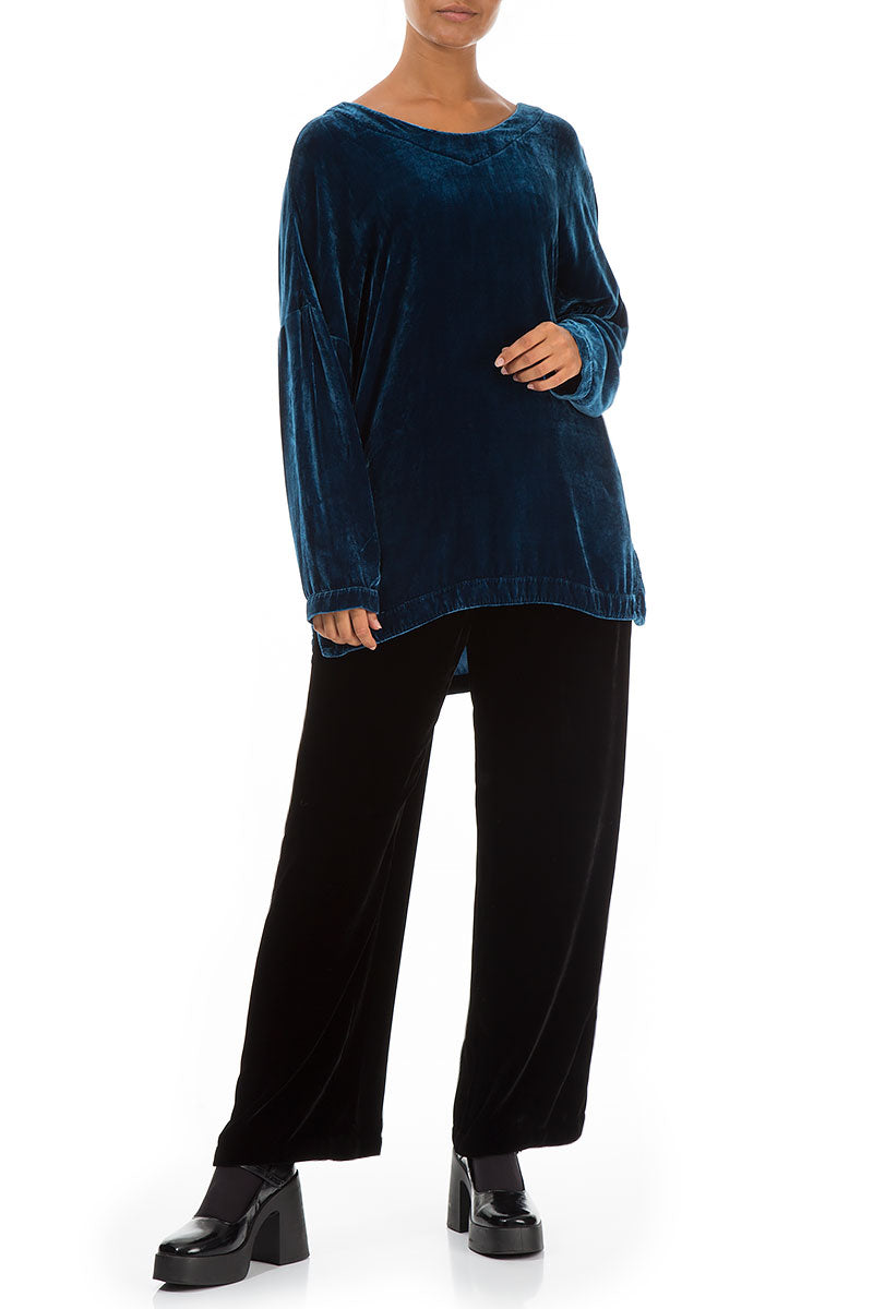 Slit Hem Blue Silk Velvet Tunic