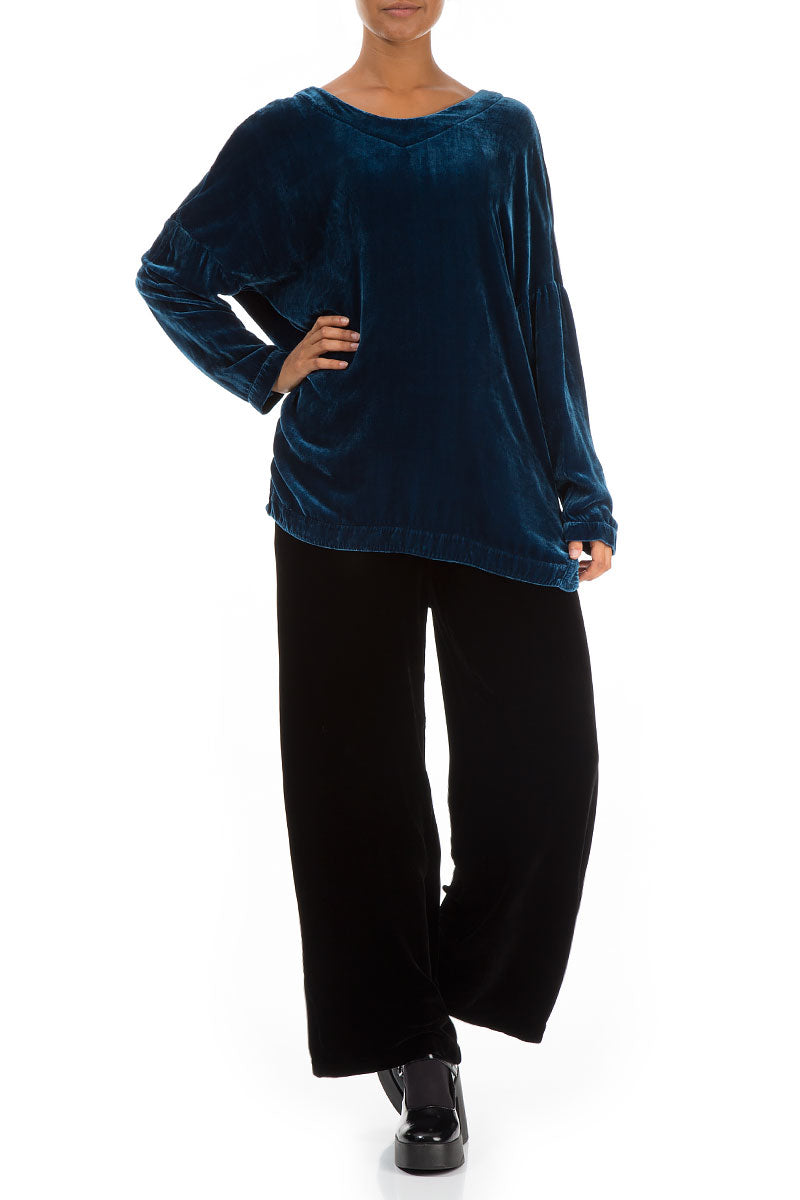 Slit Hem Blue Silk Velvet Tunic