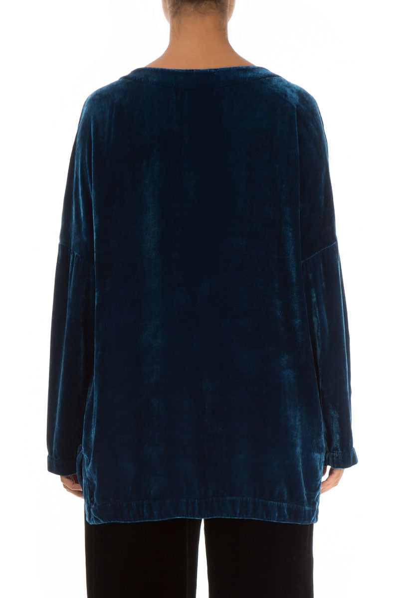 Slit Hem Blue Silk Velvet Tunic