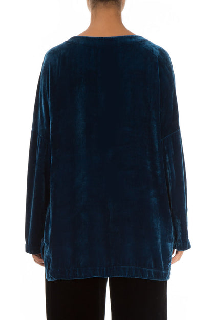 Slit Hem Blue Silk Velvet Tunic