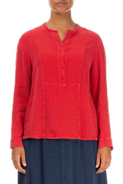 Stand Collar Poppy Red Linen Viscose Blouse 1
